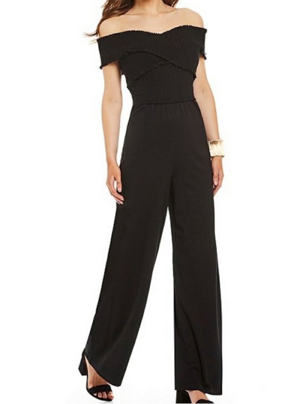 GB Gianni Bini Off-Shoulder Criss Cross Smocked Bodice Wide-Leg Black Jumpsuit